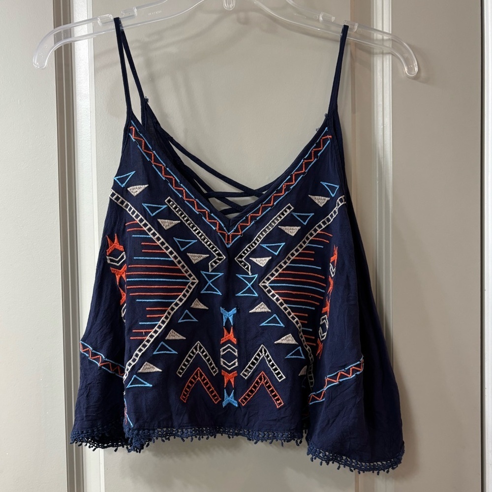 Lush Navy Aztec Loose Fitting Crop Top - Picture 3 of 6